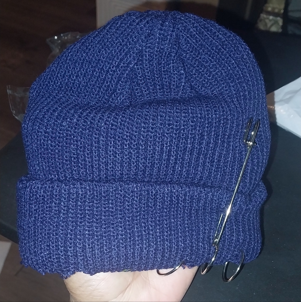 Unisex Youth Navy Blue Knit Beanie with Metal Accents